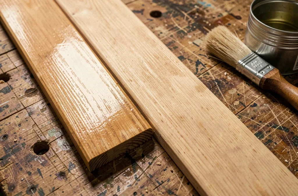 Comparaison entre finition cire et huile sur deux lames de parquet en chêne posées côte à côte sur un établi d'artisan