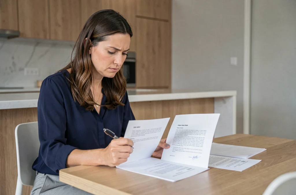 Femme comparant plusieurs devis de carrelage prix de pose au m2 à la maison avant travaux