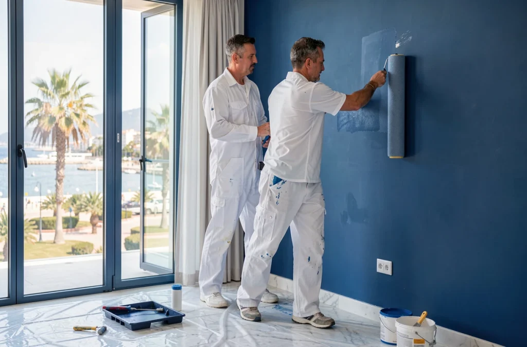 Spécialiste peinture de Couleur Mediterranee Peinture travaillant dans un appartement avec vue sur la Croisette à Cannes