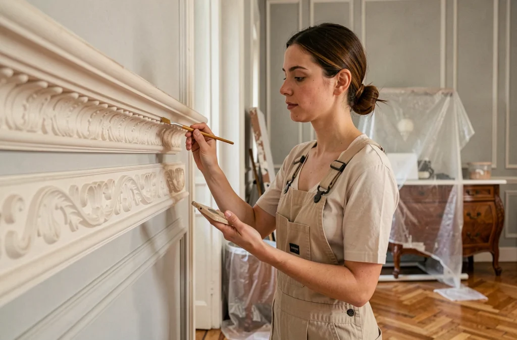 Peintre rénovation Couleurs Du Temps découpant soigneusement les boiseries décoratives dans une maison rénovée du secteur cannois