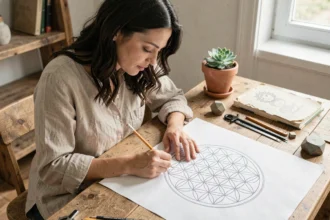 Femme dessinant un mandala Fleur de vie à la main avec un compas sur papier épais, vue en plongée légère sur un bureau en bois