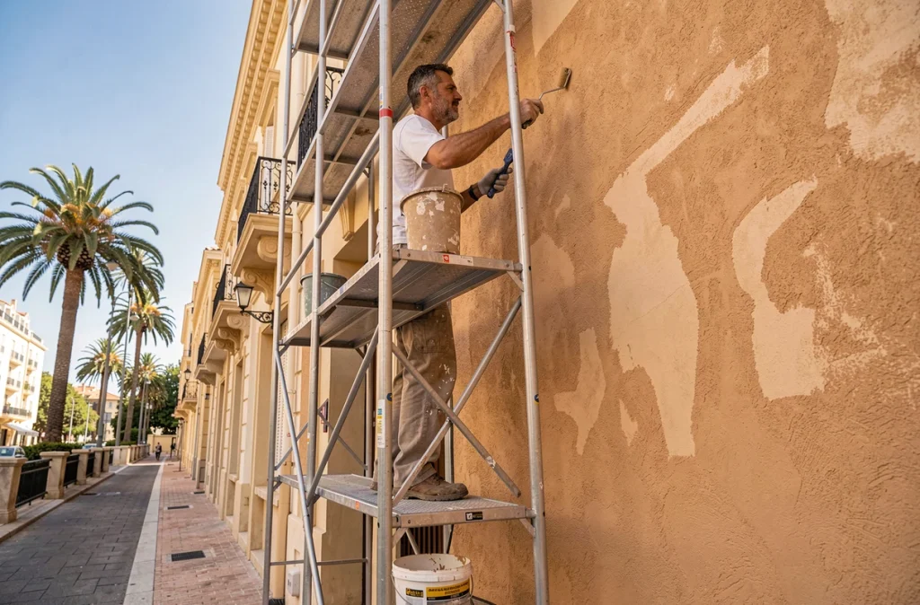 Artisan de Dafri Peinture sur échafaudage en train de peindre la façade d'un immeuble résidentiel à Cannes