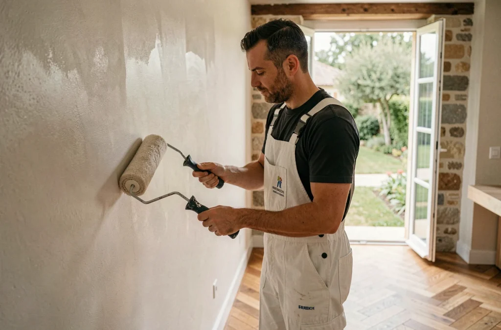 Artisan peintre polyvalent de Delacourt Renov appliquant de la peinture intérieure dans un appartement provençal du 06