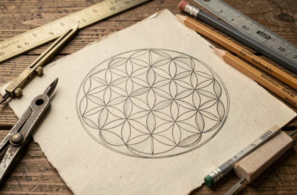 Gros plan sur un mandala Fleur de vie dessiné à la main sur papier crème avec compas, règles et crayons posés autour sur une table en chêne