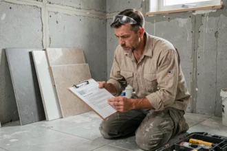 Carreleur examinant un devis de pose de carrelage au m2 sur chantier en cours de rénovation salle de bain