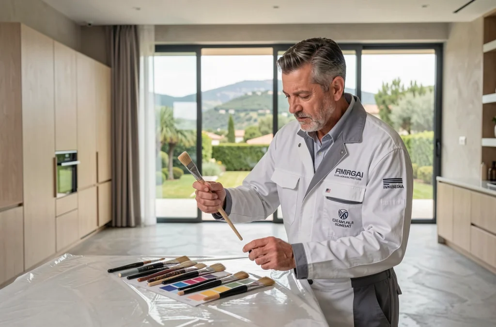 Peintre haut de gamme d'Exigence Couleurs réalisant une finition impeccable dans une villa de luxe des Alpes-Maritimes