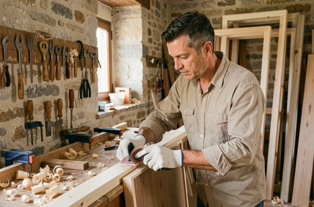 Artisan menuisier Gregorio Bati Renov travaillant sur un panneau en bois dans son atelier à Milhaud