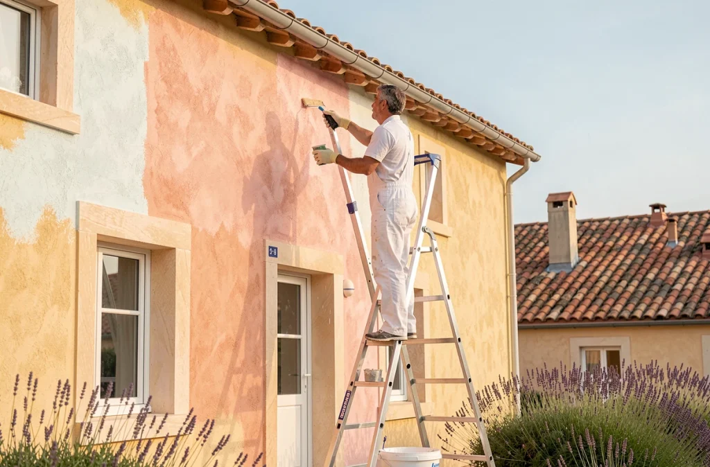 Façadier des Pastels Du Temps appliquant un badigeon pastel sur la façade d'une maison traditionnelle des Alpes-Maritimes