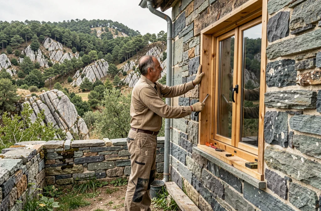 Artisan de la Menuiserie d'Alès installant une menuiserie bois dans une maison en pierre des Cévennes gardoises près d'Alès