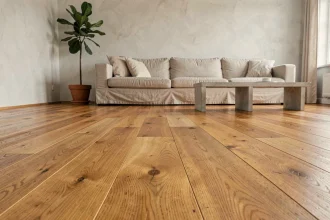 Salon contemporain minimaliste avec parquet en chêne ciré aux reflets dorés et mobilier épuré en lin et béton