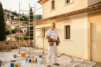 Peintre en bâtiment professionnel devant une villa méditerranéenne fraîchement peinte dans les Alpes-Maritimes