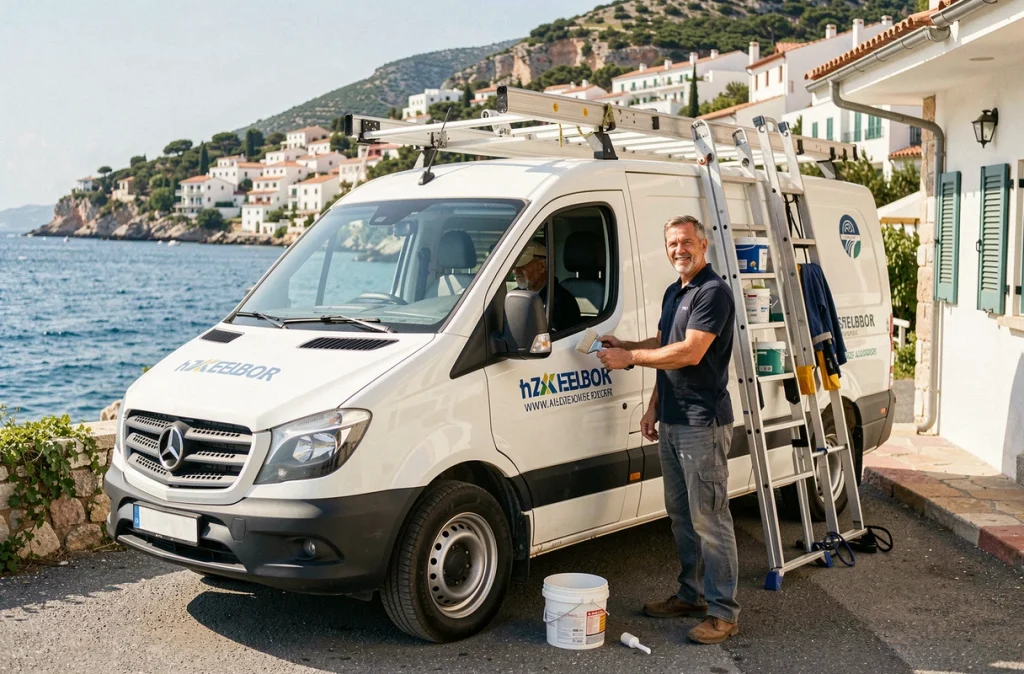 Peintre multi-services de Riviera Services Peinture et son véhicule équipé devant une propriété de la Côte d'Azur