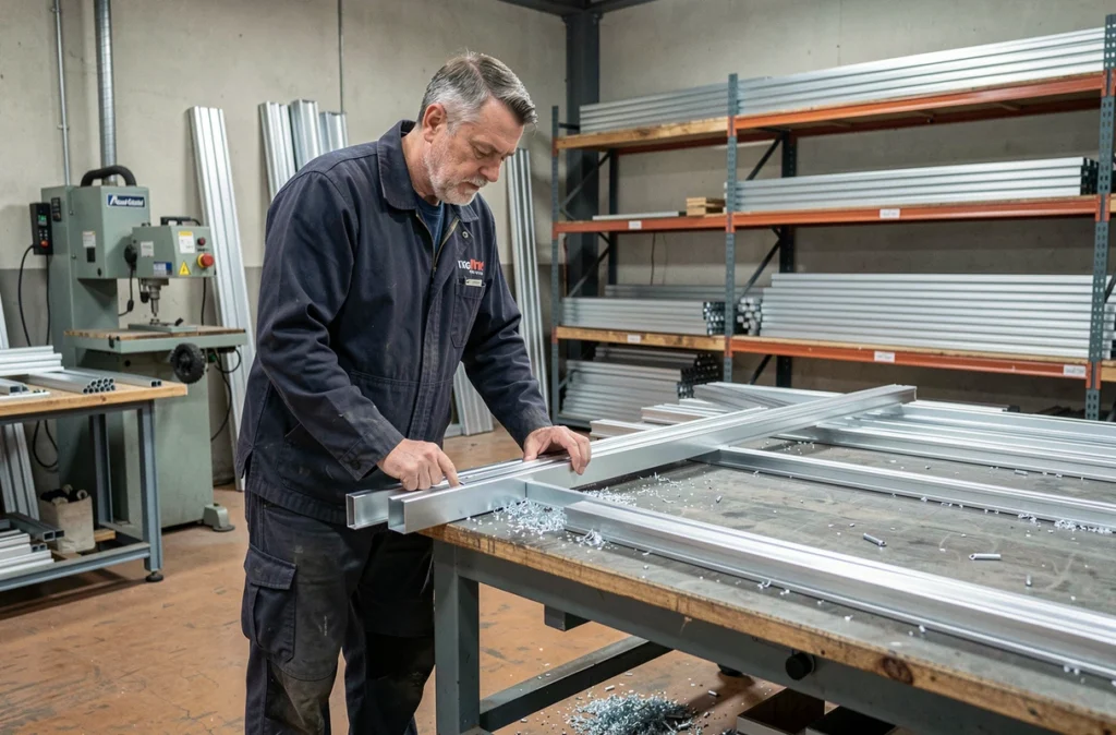 Menuisier aluminium SAS Ciciarelli Alu mesurant un profilé aluminium dans son atelier du Gard
