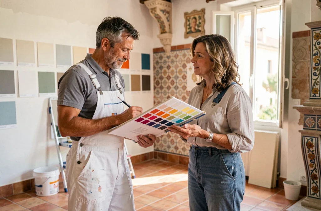 Peintre décorateur de Travaux Rénovation et Conseils en consultation de palette de couleurs avec un client à Antibes