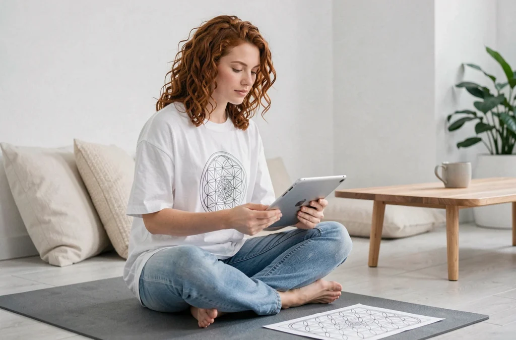 Jeune femme suivant un tutoriel numérique pour apprendre à dessiner un mandala Fleur de vie, assise en tailleur sur un tapis de yoga