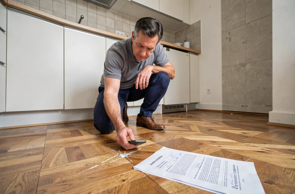 Homme photographiant une rayure sur le parquet lors de la réalisation d'un état des lieux de sortie