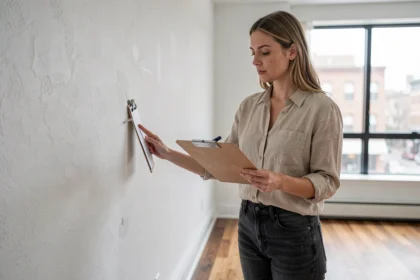Femme inspectant les murs d'un appartement vide lors d'un état des lieux de déménagement avec un clipboard