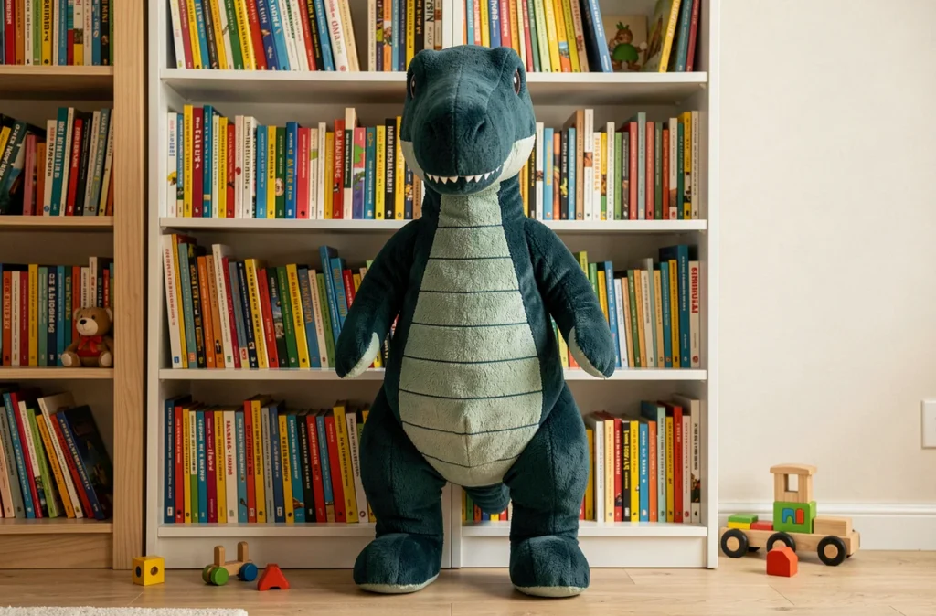 Grande peluche dinosaure en peluche teal posée debout dans une salle de jeux avec bibliothèque colorée