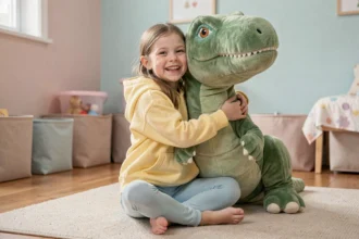 Jeune fille souriante qui câline une grande peluche dinosaure verte dans une chambre d'enfant cosy
