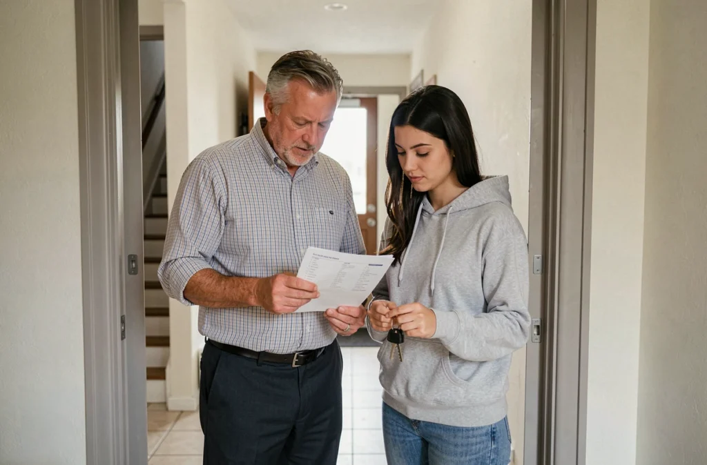 Propriétaire et locataire signant ensemble la checklist lors d'un état des lieux d'entrée dans un appartement